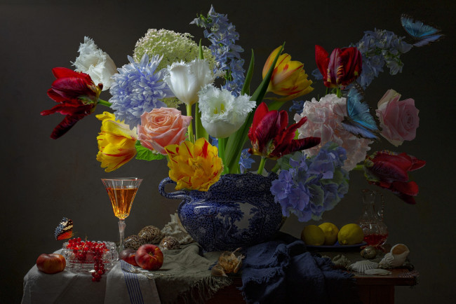 Обои картинки фото еда, натюрморт, букет, смородина, лимоны, наливка