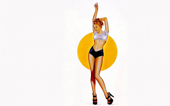 Обои картинки фото amanda swisten, рисованное, carlos cartagena, девушка, топ, шорты, каблуки, круг