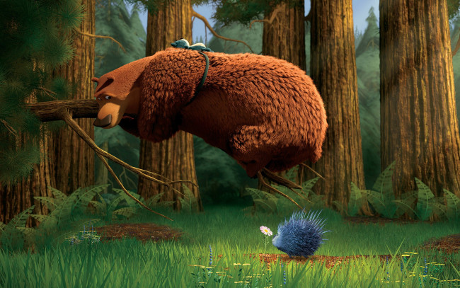 Обои картинки фото мультфильмы, open season, медведь, ветка, ёж