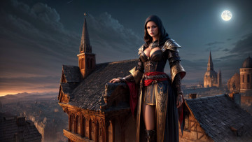 Картинка 3д+графика люди+ people нейросети графика нейроарт ai art нейронные сети рисунки нейро искусство нейрографика graphics neuroart neural networks drawings neuro neurography красивая девушка воин с пышной грудью стоит на фоне домов в ночном городе