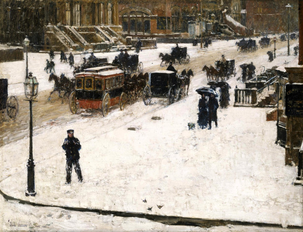 Обои картинки фото фредерик чайльд гассам - 5я авеню зимой, рисованное, frederick childe hassam, город, дома, улица, снег, зима, люди, кареты