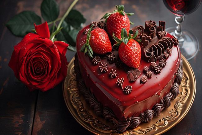 Обои картинки фото еда, торты, клубника, торт, роза