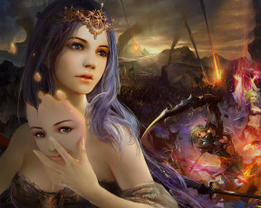 Картинка фэнтези девушки украшения битва оружие сражение маска