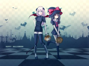 Картинка аниме halloween magic девушки демон ведьма тыквы хелуин кошка летучие мыши