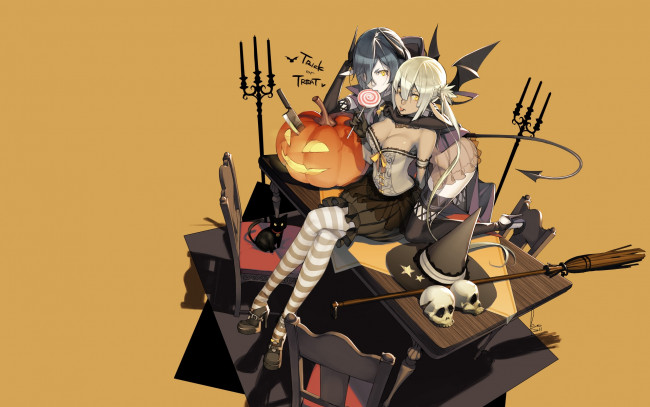 Обои картинки фото аниме, halloween, magic, ведьма, демон, кошка, хелуин, стол, тыква, шляпа, метла, нож, рога, конфета