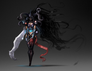 Картинка фэнтези демоны арт шлем фантастика волосы киборг рога