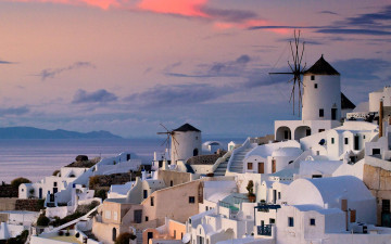 Картинка города санторини+ греция закат вечер мельница дома здания лестница