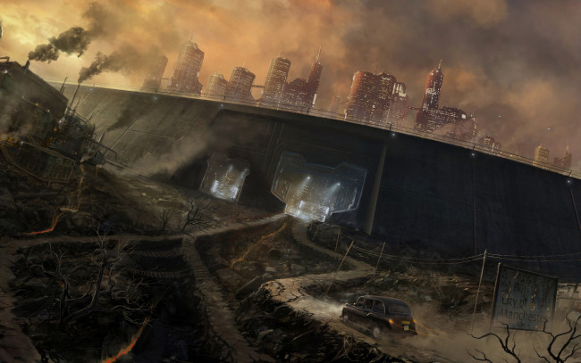 Обои картинки фото фэнтези, иные миры,  иные времена, фантастика, арт, дорога, стена, город, машина, sci-fi