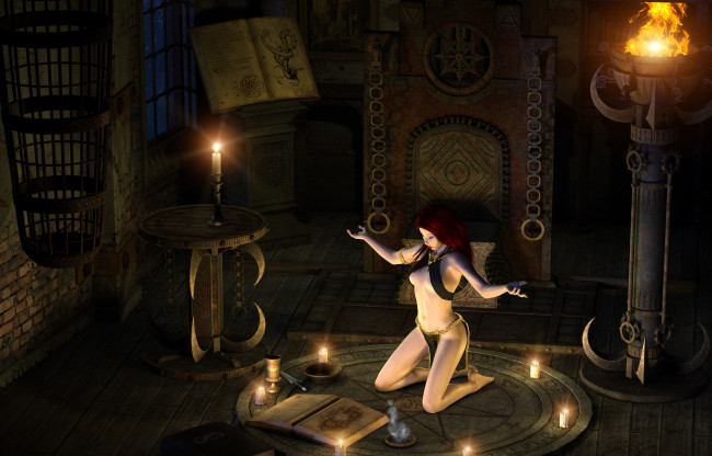 Обои картинки фото 3д графика, фантазия , fantasy, девушка, взгляд, фон, свечи, книга