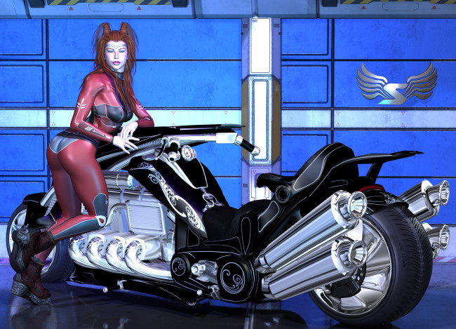 Обои картинки фото 3д графика, люди-авто, мото , people- car ,  moto, девушка, взгляд, фон, мотоцикл