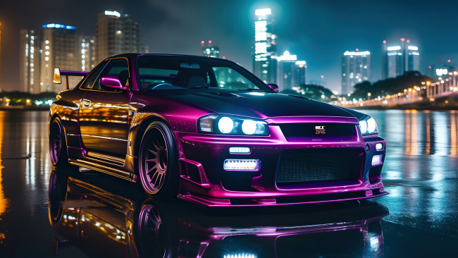 Обои картинки фото автомобили, 3д, тюнинг, nissan, cars, skyline, tuning, godzilla, nismo, japanese, gt-r, 34, gtr, r34, night, city, japan, car, datsun, legend, z, tuned