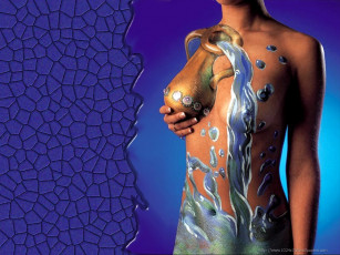 обоя aquarius, разное, знаки, зодиака, девушка, груди, рисунок, кувшин, вода, брызги, боди-арт, нагота, рука, пупок, живот, фон