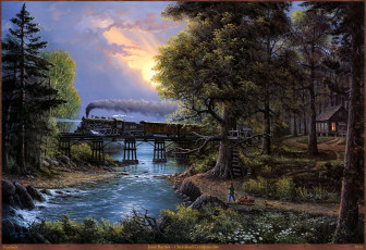 обоя jesse, barnes, cherished, companions, рисованные, река, поезд