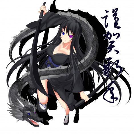 Обои картинки фото аниме, weapon, blood, technology, катана, ножны, дракон, девушка, оружие