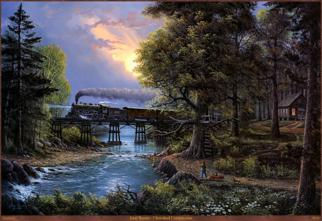 Обои картинки фото jesse, barnes, cherished, companions, рисованные, река, поезд