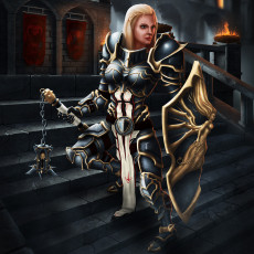 Картинка видео+игры diablo+iii +reaper+of+souls ступени арт лестница игра блондинка оружие щит огонь девушка доспехи