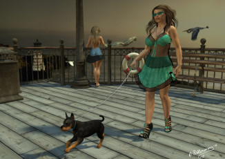 Картинка 3д+графика people+ люди прогулка собачка девушка