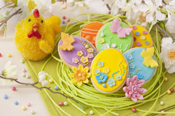 обоя еда, пирожные,  кексы,  печенье, цветы, печенье, пасха, праздник