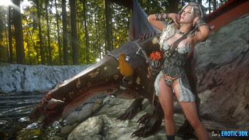 Картинка 3д+графика fantasy+ фантазия дракон река пес девушка