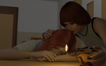 Картинка 3д+графика people+ люди лампа стол девушки