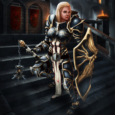 Обои картинки фото видео игры, diablo iii,  reaper of souls, ступени, арт, лестница, игра, блондинка, оружие, щит, огонь, девушка, доспехи