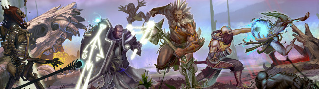 Обои картинки фото видео игры, diablo iii,  reaper of souls, монстры, череп, скелет, воины, щит, доспехи, бой