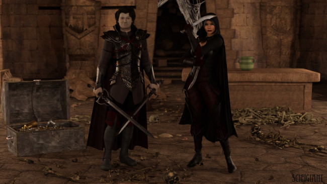 Обои картинки фото 3д графика, fantasy , фантазия, оружие, мужчина, девушка