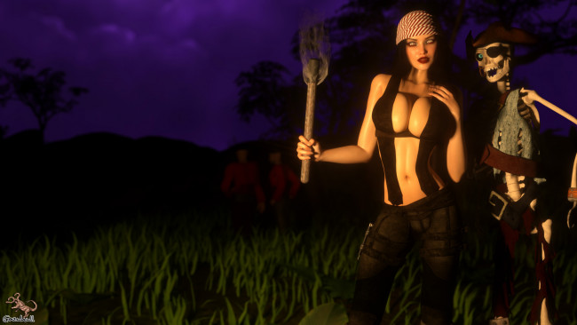 Обои картинки фото 3д графика, horror , ужас, девушка, скелет