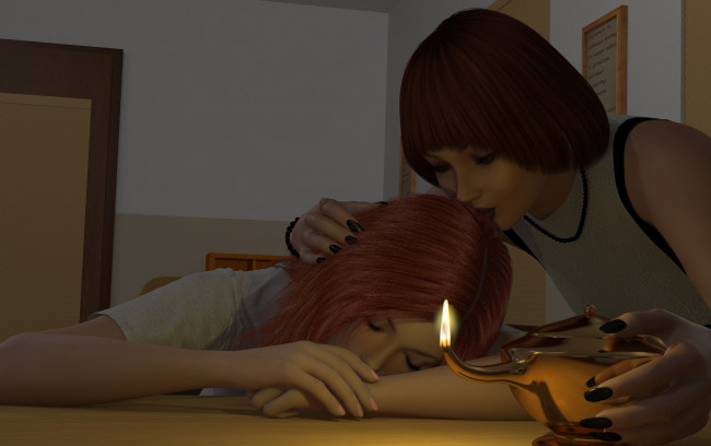 Обои картинки фото 3д графика, people , люди, лампа, стол, девушки