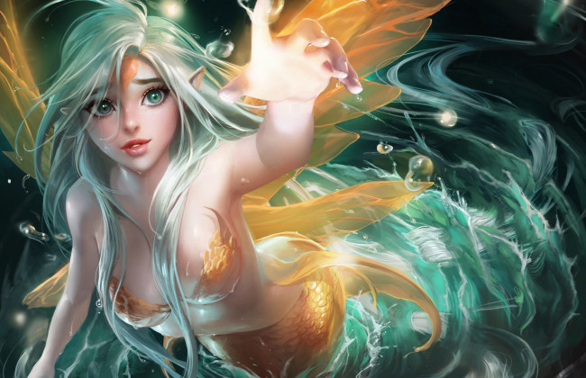 Обои картинки фото фэнтези, русалки, девушка, русалка, море, рука, пузырьки