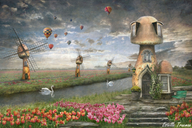 Обои картинки фото фэнтези, фотоарт, грибы, мельницы, лебеди