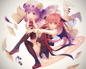Картинка аниме touhou девушки арт niwashi yuyu чернила перо листы книга patchouli knowledge koakuma