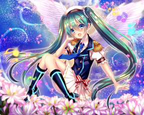 Картинка аниме vocaloid крылья мелодия hatsune miku девушка цветы арт saijou yukina сердечки