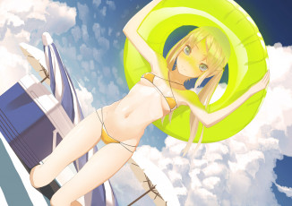 Картинка аниме unknown +другое девушка круг пляж купальник облака арт небо лето блондинка зонтики throtem