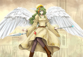 Картинка аниме ангелы +демоны копье девушка jure of healing elona yanaginiame mia платье город кулон крылья арт
