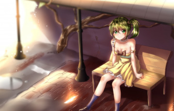 Картинка аниме unknown +другое фонарный столб сидит лавка девушка дерево блондинка арт zxd0554 hk