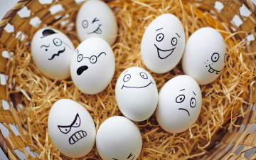 Картинка еда Яйца лица сено яйца корзина
