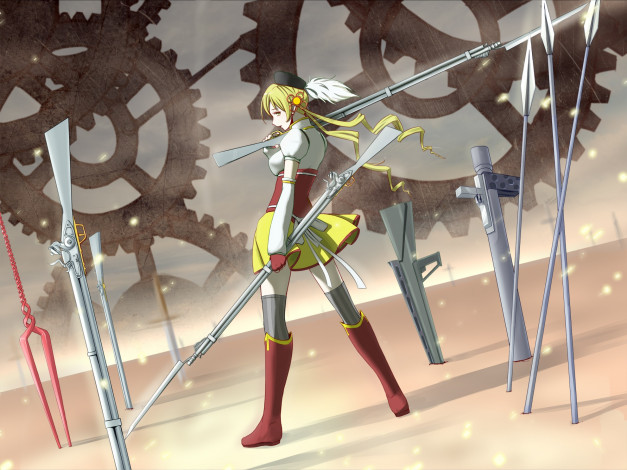 Обои картинки фото аниме, mahou shoujo madoka magika, tomoe, mami, шестерёнки, оружие, девушка, арт