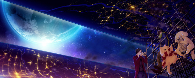 Обои картинки фото аниме, город,  улицы,  здания, земля, фотоаппарат, шарф, tamagosho, кот, парень, девушка, собака, планета, арт, огни