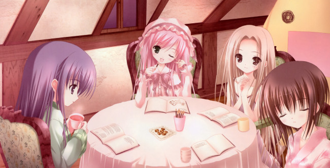 Обои картинки фото аниме, tinkerbell , artbook, кружка, книга, комната, арт, девушки, чаепитие