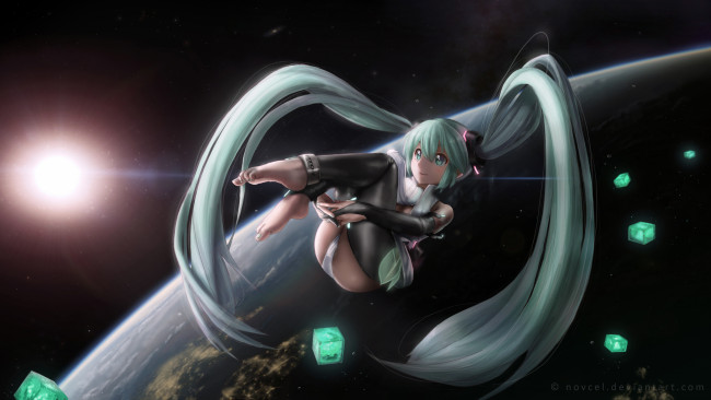 Обои картинки фото аниме, vocaloid, кубики, космос, novcel, hatsune, miku, девушка, волосы