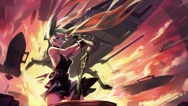 Обои картинки фото аниме, vocaloid, ракеты, самолёт, девушка, арт, hatsune, miku, iorlvm, микрофон