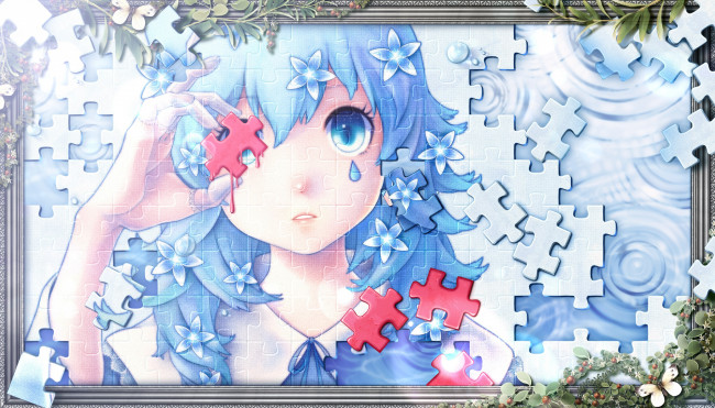 Обои картинки фото аниме, unknown,  другое, растения, арт, пазл, бабочки, девушка, ягоды, bouno, satoshi