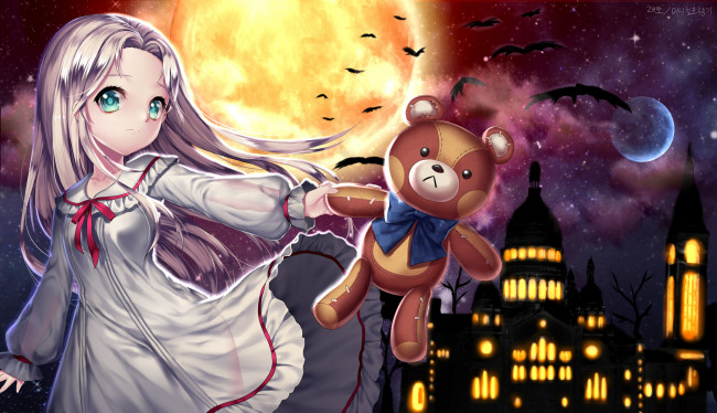 Обои картинки фото аниме, mabinogi, девушка, арт, black, joa, belisha, медвежонок, игрушка