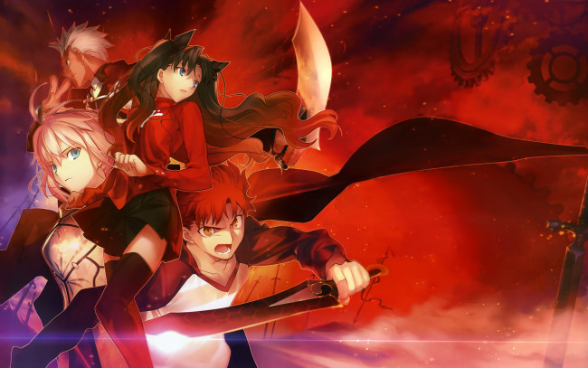 Обои картинки фото аниме, fate, stay night, оружие, мечи, девушки, парни, персонажи, арт