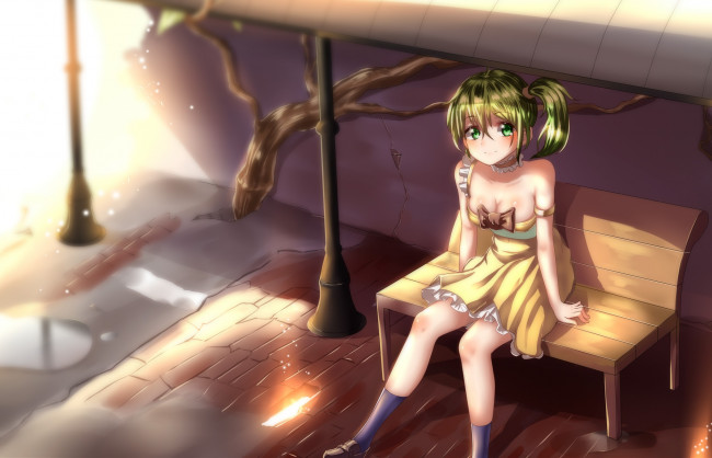 Обои картинки фото аниме, unknown,  другое, фонарный, столб, сидит, лавка, девушка, дерево, блондинка, арт, zxd0554, hk