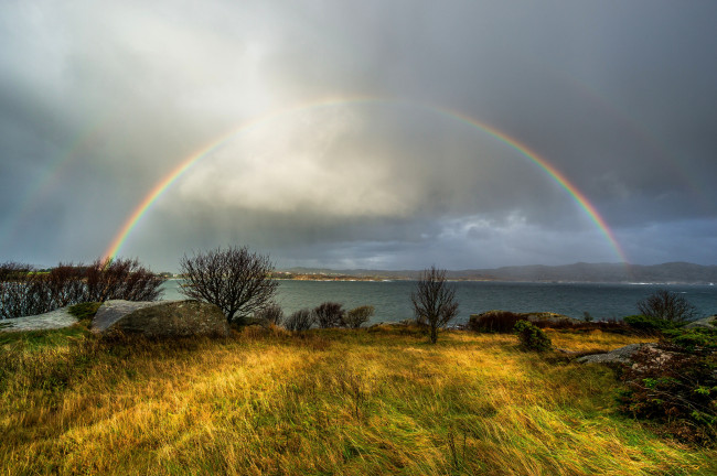Обои картинки фото природа, радуга, тучи, иека, луг