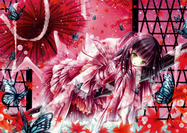 Обои картинки фото аниме, tinkle , artbook, tinkle, бабочки, зонт, платье, взгляд, девушка, арт