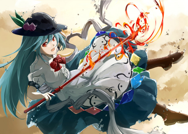 Обои картинки фото аниме, touhou, hinanawi, tenshi, посох, магия, шляпа, девушка, dawndusk