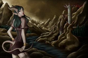 Картинка фэнтези демоны демон башни горы девушка